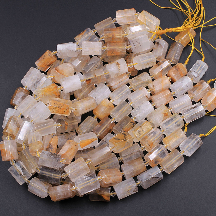 Faceted Dendritic Quartz Tube Beads Natural Golden Rock Crystal Thick Cylinder 16" Strand