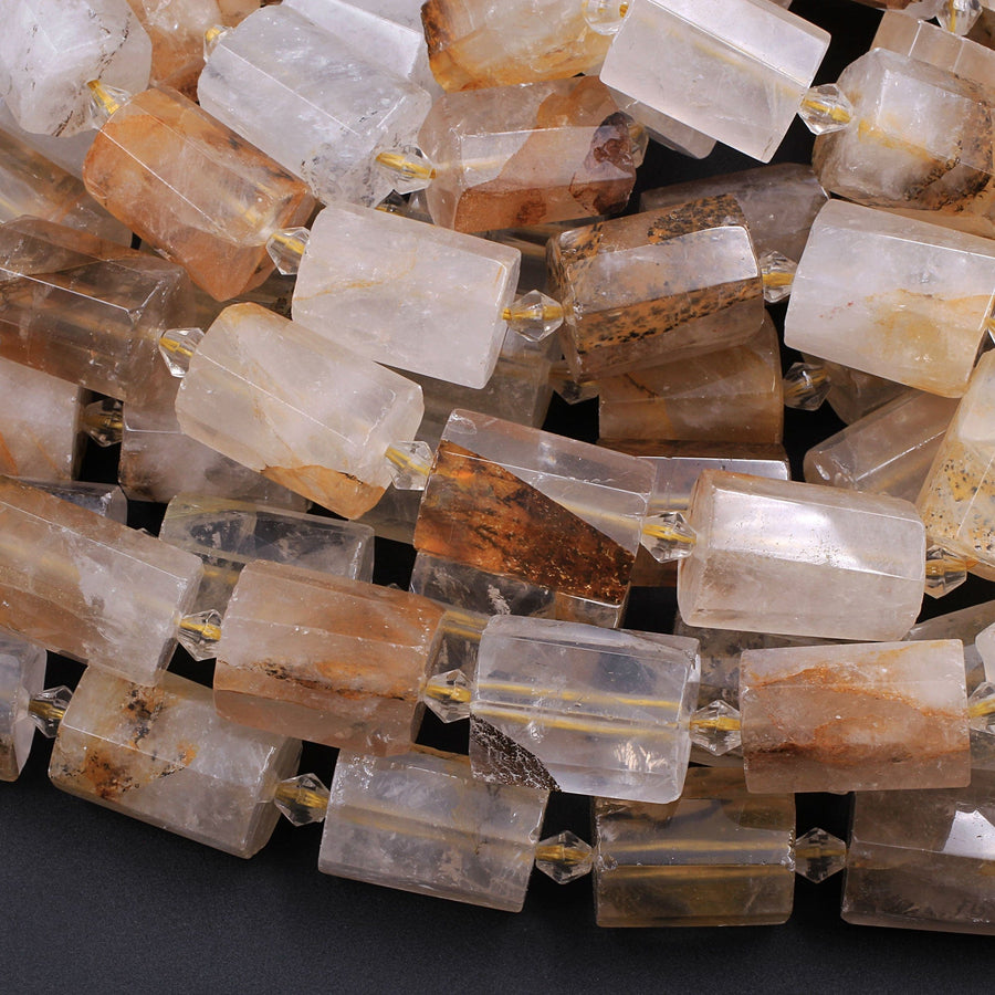 Faceted Dendritic Quartz Tube Beads Natural Golden Rock Crystal Thick Cylinder 16" Strand