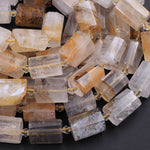 Faceted Dendritic Quartz Tube Beads Natural Golden Rock Crystal Thick Cylinder 16" Strand