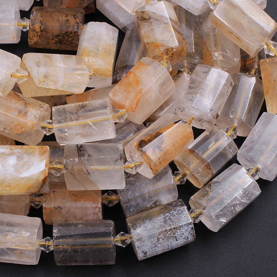 Faceted Dendritic Quartz Tube Beads Natural Golden Rock Crystal Thick Cylinder 16" Strand