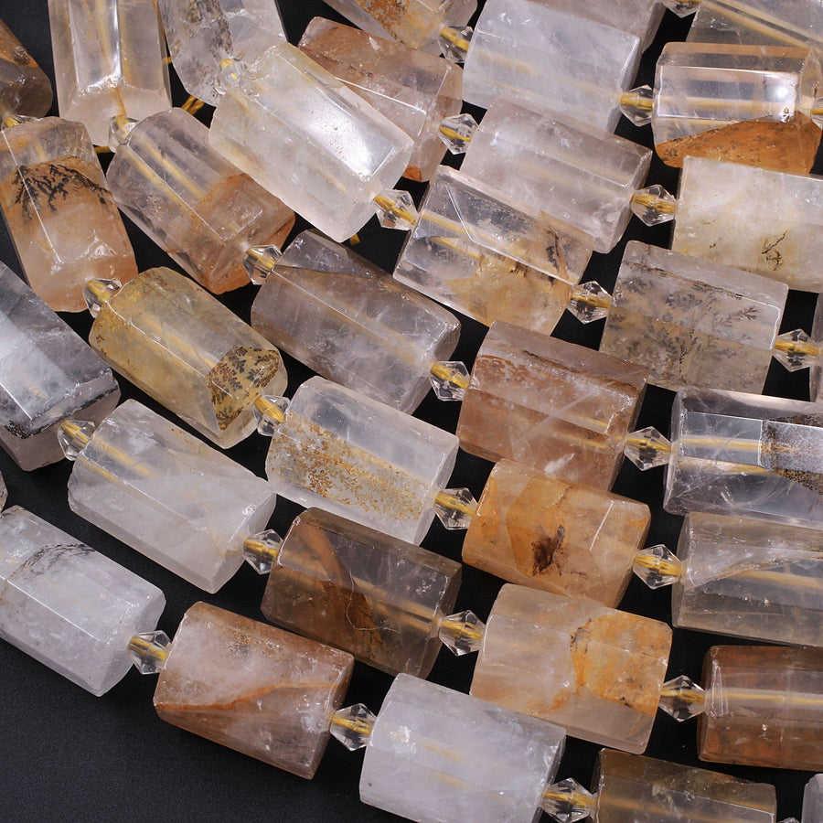 Faceted Dendritic Quartz Tube Beads Natural Golden Rock Crystal Thick Cylinder 16" Strand