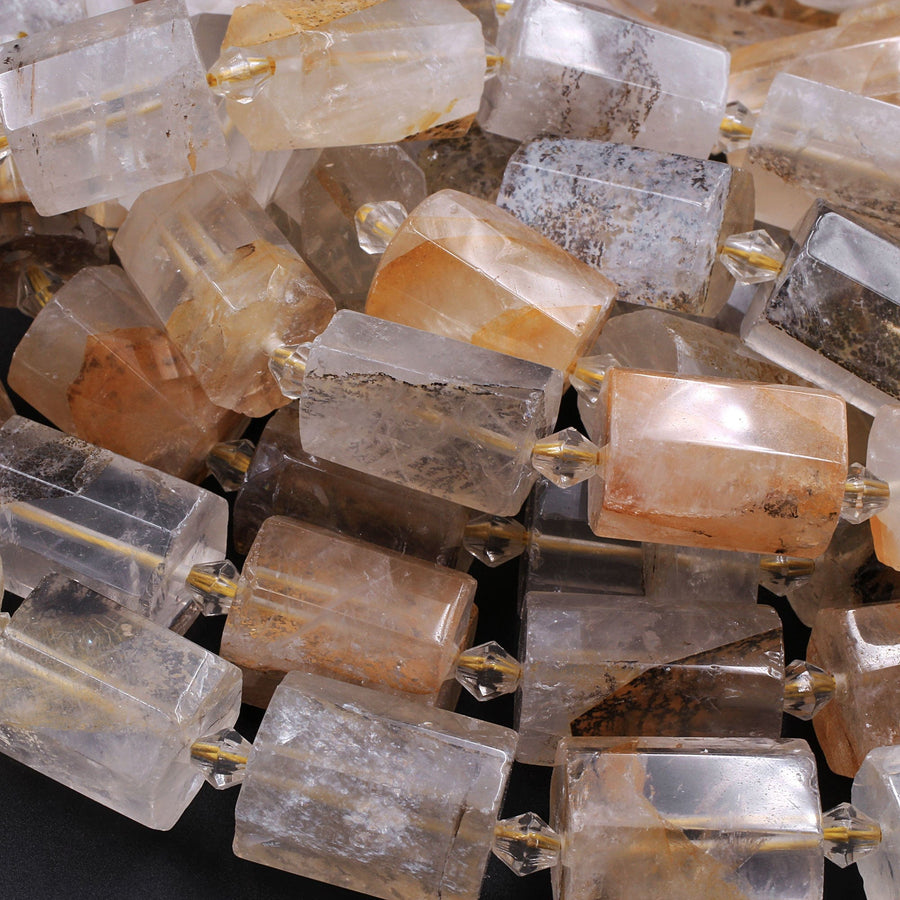 Faceted Dendritic Quartz Tube Beads Natural Golden Rock Crystal Thick Cylinder 16" Strand