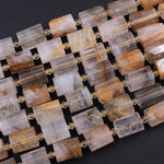 Faceted Dendritic Quartz Tube Beads Natural Golden Rock Crystal Thick Cylinder 16" Strand