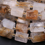 Faceted Dendritic Quartz Tube Beads Natural Golden Rock Crystal Thick Cylinder 16" Strand
