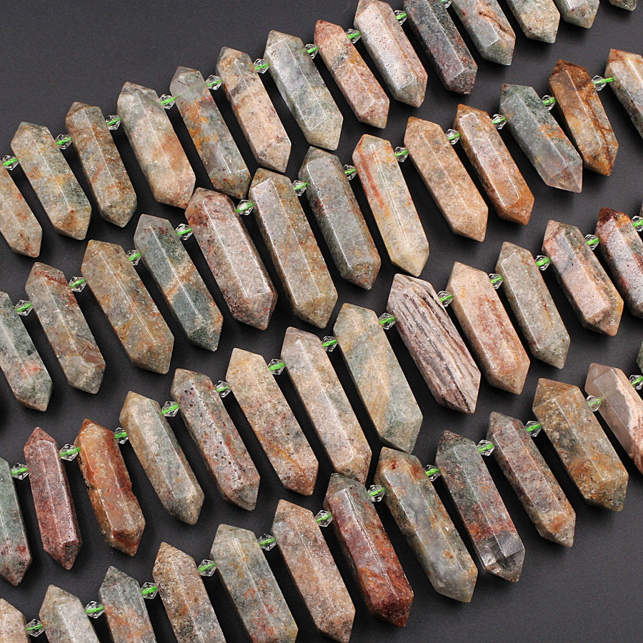 Large Lodalite Phantom Quartz Beads Double Terminated Points Top Side Drilled Healing Natural Red Crystal Focal Pendant 16" Strand