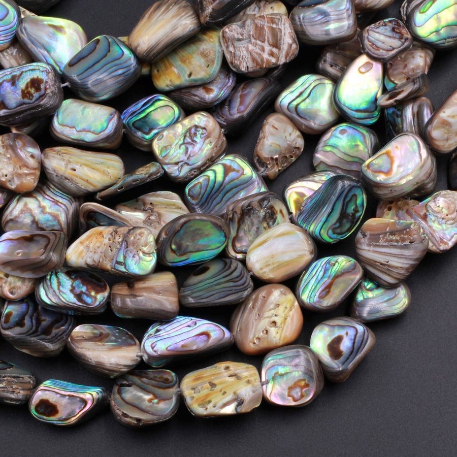 Freeform Natural Abalone Nugget Irregular Square Beads Iridescent Rainbow Glow Blue Green Red Pink Flash 15.5" Strand