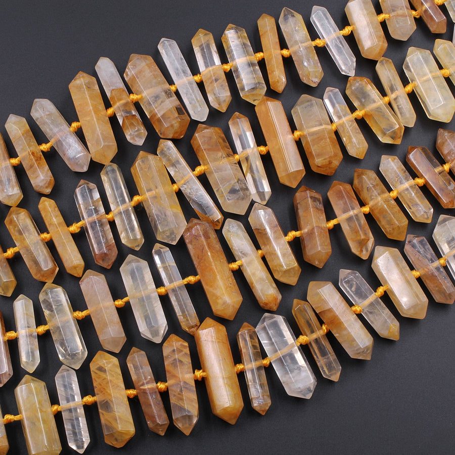 Brazilian Golden Quartz Double Terminated Point Beads Large Healing Natural Golden Crystal Focal Pendant Bead 16" Strand