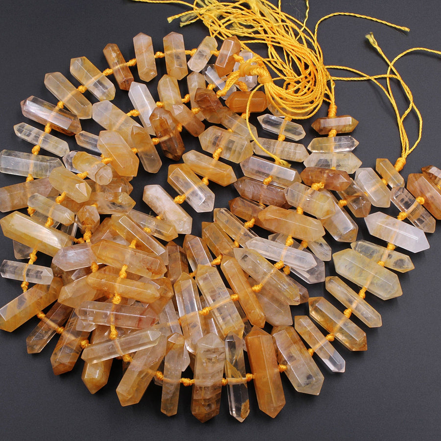 Brazilian Golden Quartz Double Terminated Point Beads Large Healing Natural Golden Crystal Focal Pendant Bead 16" Strand
