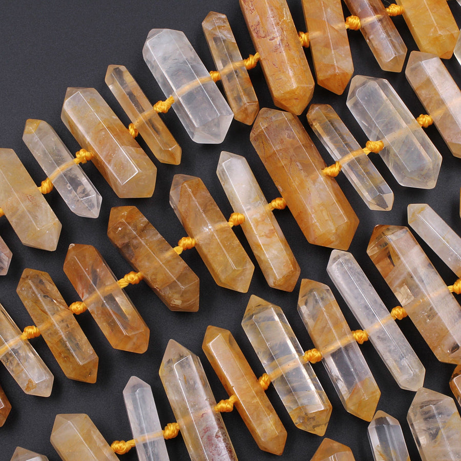 Brazilian Golden Quartz Double Terminated Point Beads Large Healing Natural Golden Crystal Focal Pendant Bead 16" Strand