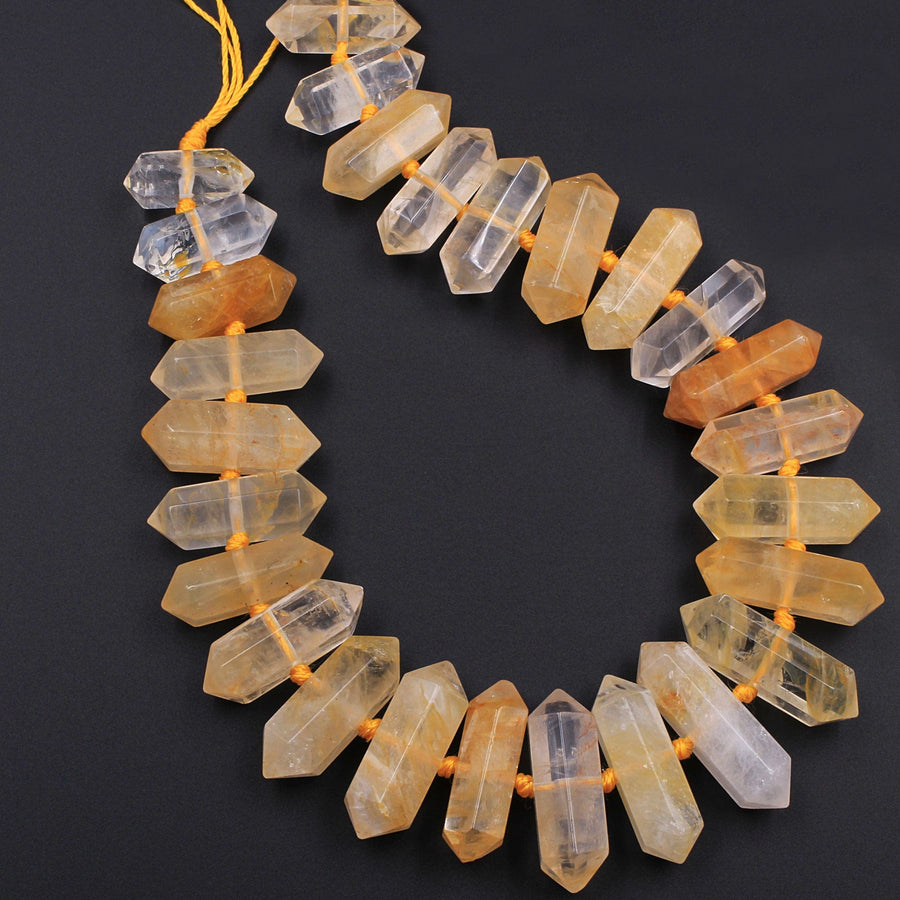 Brazilian Golden Quartz Double Terminated Point Beads Large Healing Natural Golden Crystal Focal Pendant Bead 15.5" Strand