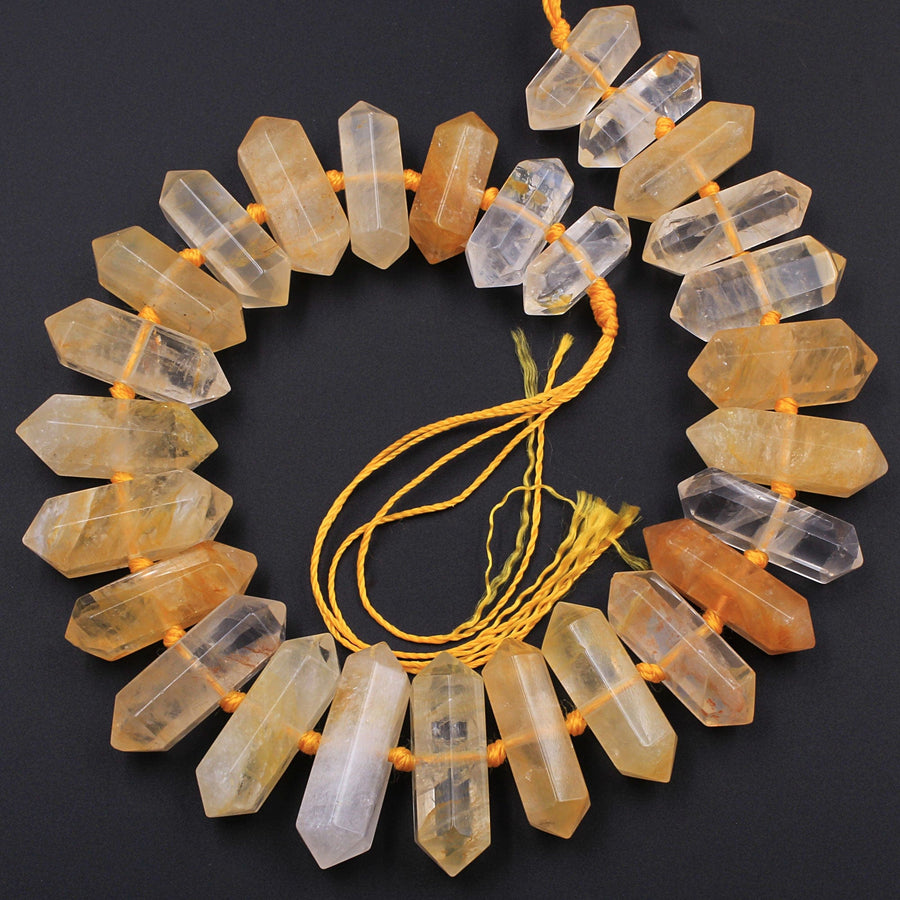 Brazilian Golden Quartz Double Terminated Point Beads Large Healing Natural Golden Crystal Focal Pendant Bead 15.5" Strand
