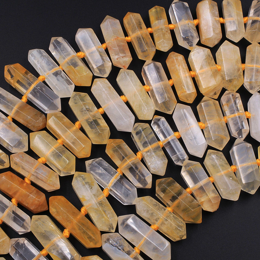 Brazilian Golden Quartz Double Terminated Point Beads Large Healing Natural Golden Crystal Focal Pendant Bead 15.5" Strand