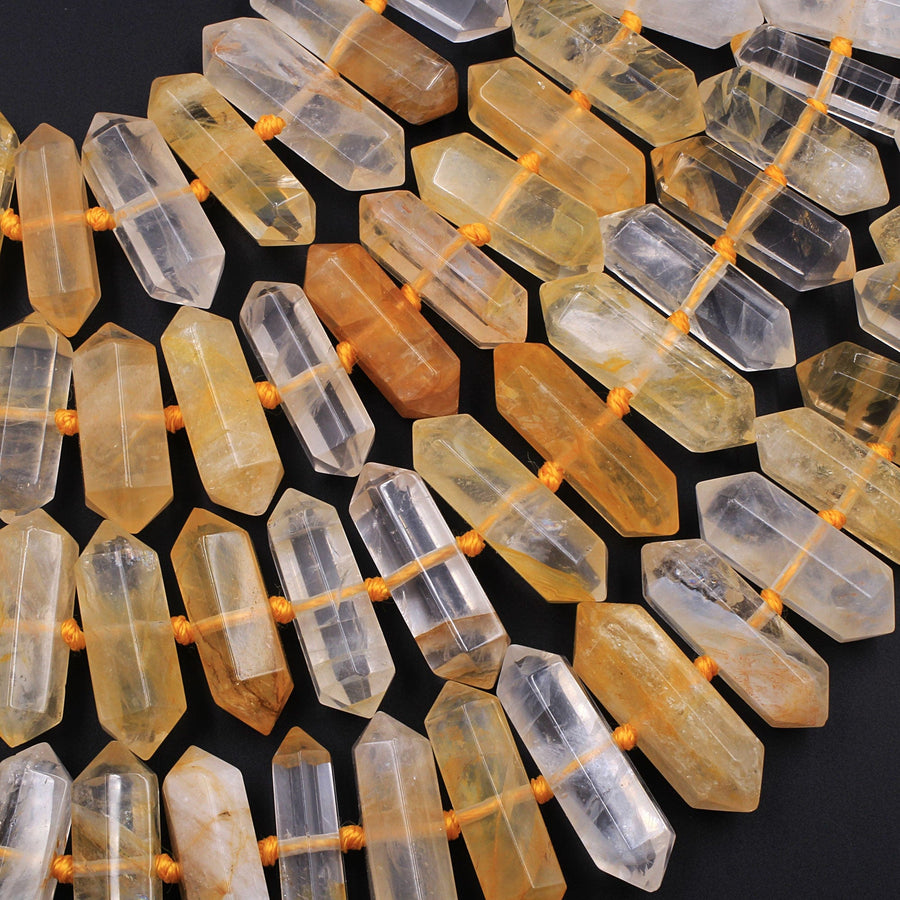 Brazilian Golden Quartz Double Terminated Point Beads Large Healing Natural Golden Crystal Focal Pendant Bead 15.5" Strand