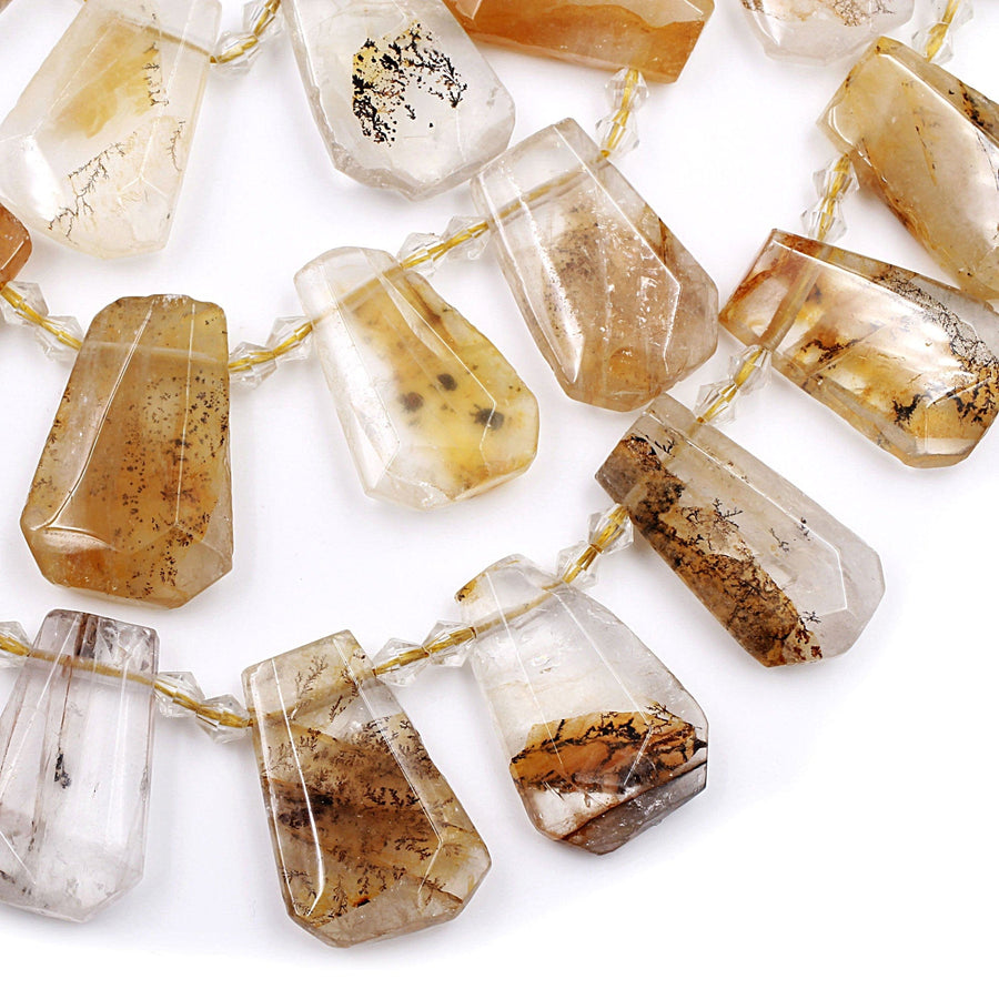 Natural Golden Dendritic Quartz Faceted Trapezoid Pendant Beads Rectangle Tapered Teardrop Pendant Shape 15.5" Strand