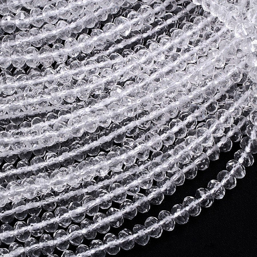 Faceted Natural Rock Quartz Rondelle Beads 4mm 6mm 8mm Real Genuine Super Clear Crystal Quartz AAA 15.5" Strand