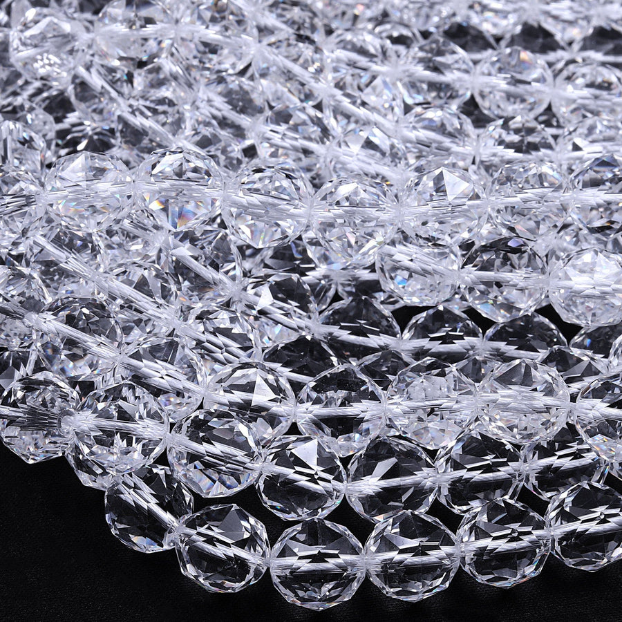 Genuine 100% Natural Rock Quartz Faceted 6mm 8mm 10mm 12mm 14mm 16mm Round Beads AAA Gem Quality Geometric Diamond Star Cut 15.5" Strand