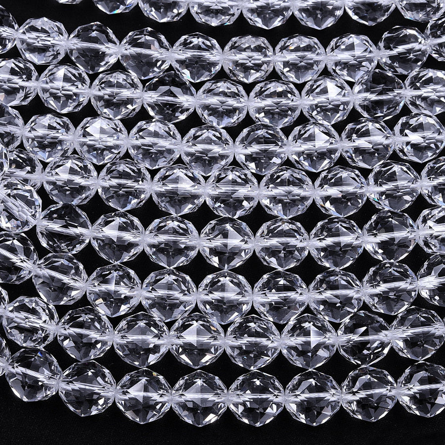 Genuine 100% Natural Rock Quartz Faceted 6mm 8mm 10mm 12mm 14mm 16mm Round Beads AAA Gem Quality Geometric Diamond Star Cut 15.5" Strand