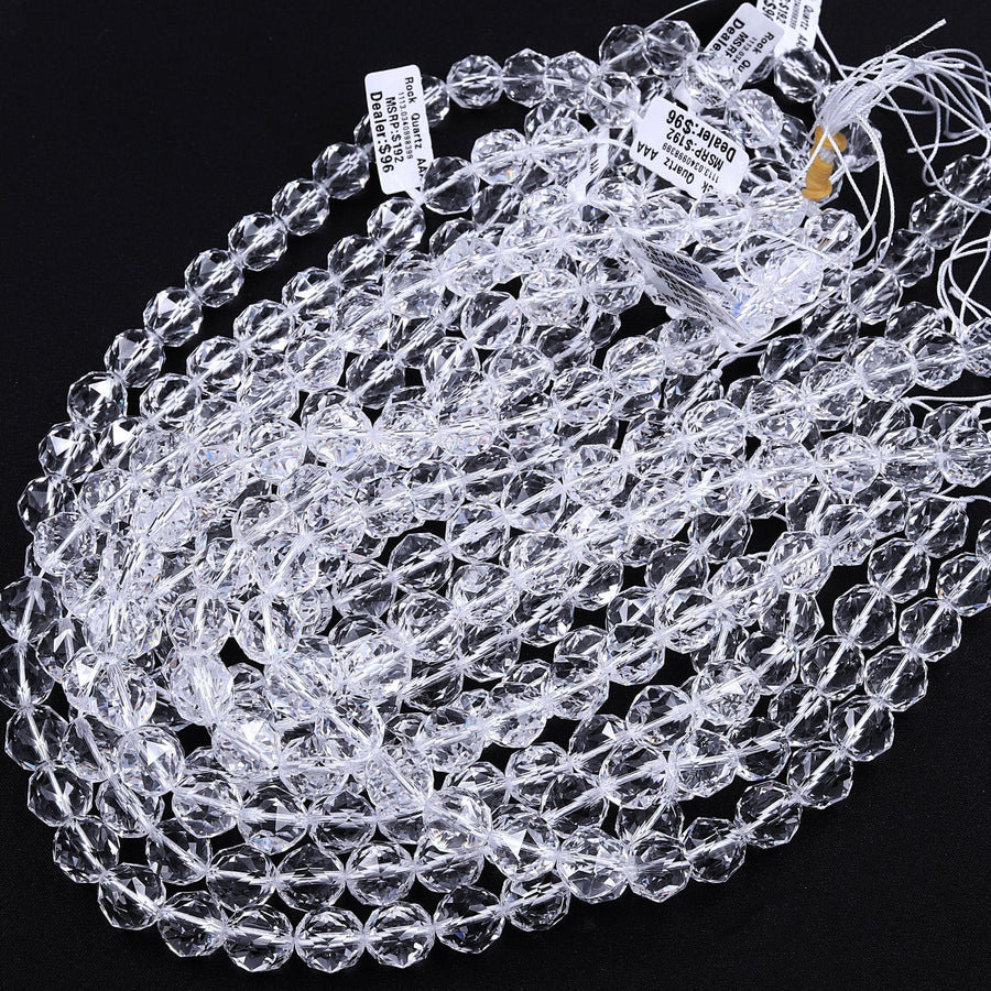 Genuine 100% Natural Rock Quartz Faceted 6mm 8mm 10mm 12mm 14mm 16mm Round Beads AAA Gem Quality Geometric Diamond Star Cut 15.5" Strand