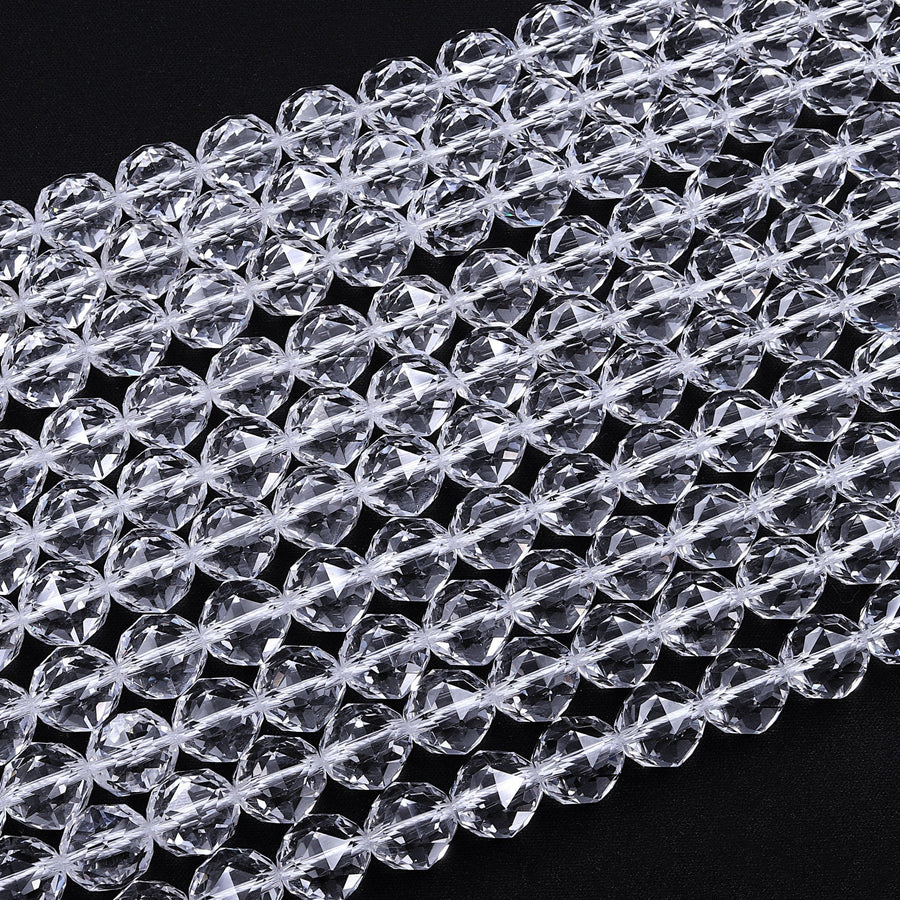 Genuine 100% Natural Rock Quartz Faceted 6mm 8mm 10mm 12mm 14mm 16mm Round Beads AAA Gem Quality Geometric Diamond Star Cut 15.5" Strand