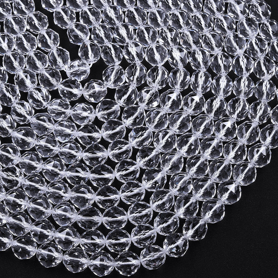 Genuine 100% Natural Rock Quartz Faceted 6mm 8mm 10mm 12mm 14mm 16mm Round Beads AAA Gem Quality Geometric Diamond Star Cut 15.5" Strand