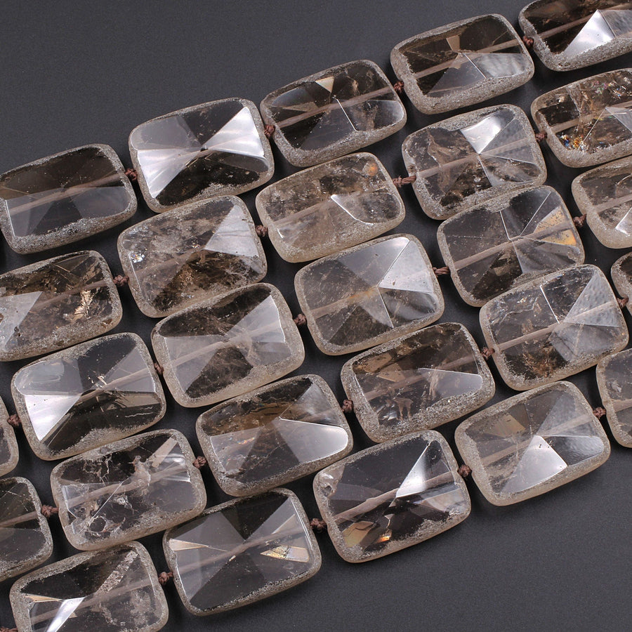 Natural Smoky Quartz Beads Large Hand Faceted Rectangle Matte Edges Sparkling Real Natural Quartz High Quality Gemstone 16" Strand