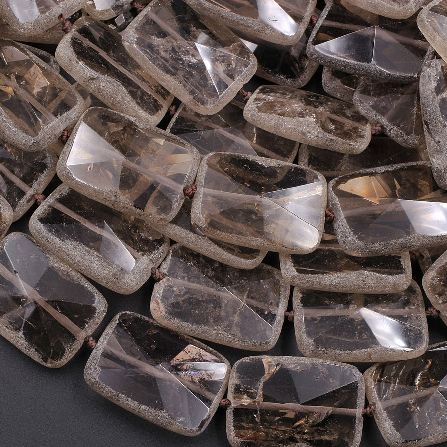 Natural Smoky Quartz Beads Large Hand Faceted Rectangle Matte Edges Sparkling Real Natural Quartz High Quality Gemstone 16" Strand