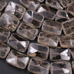 Natural Smoky Quartz Beads Large Hand Faceted Rectangle Matte Edges Sparkling Real Natural Quartz High Quality Gemstone 16" Strand