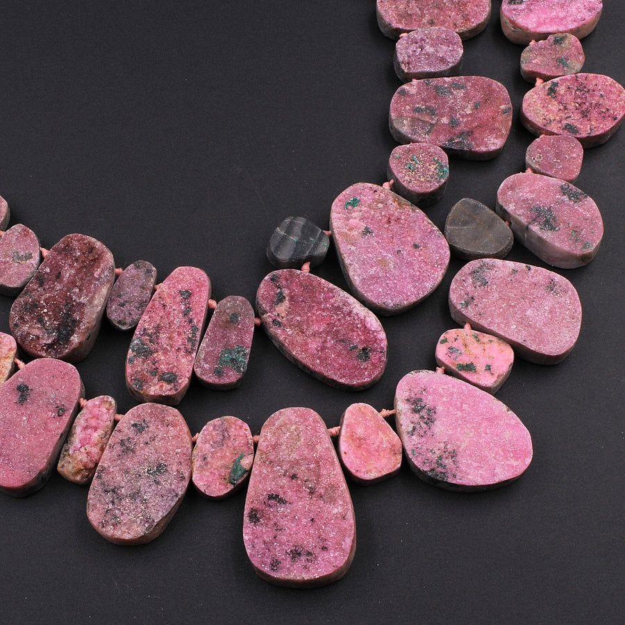 Natural Pink Cobalto Calcite Druzy Beads Green Malachite Crystal Side Drilled Teardrop Pendant 16" Strand
