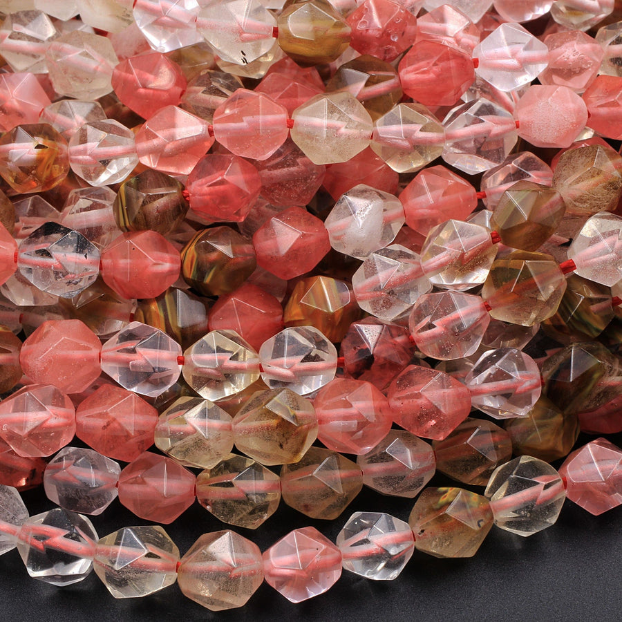 Star Cut Cherry Quartz Beads Faceted 6mm 8mm 10mm Rounded Nugget Sharp Facets 15" Strand
