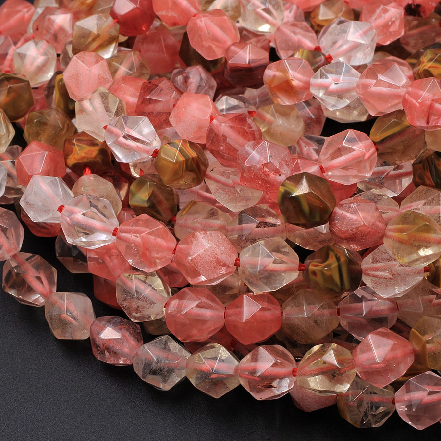 Star Cut Cherry Quartz Beads Faceted 6mm 8mm 10mm Rounded Nugget Sharp Facets 15" Strand