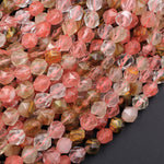 Star Cut Cherry Quartz Beads Faceted 6mm 8mm 10mm Rounded Nugget Sharp Facets 15" Strand