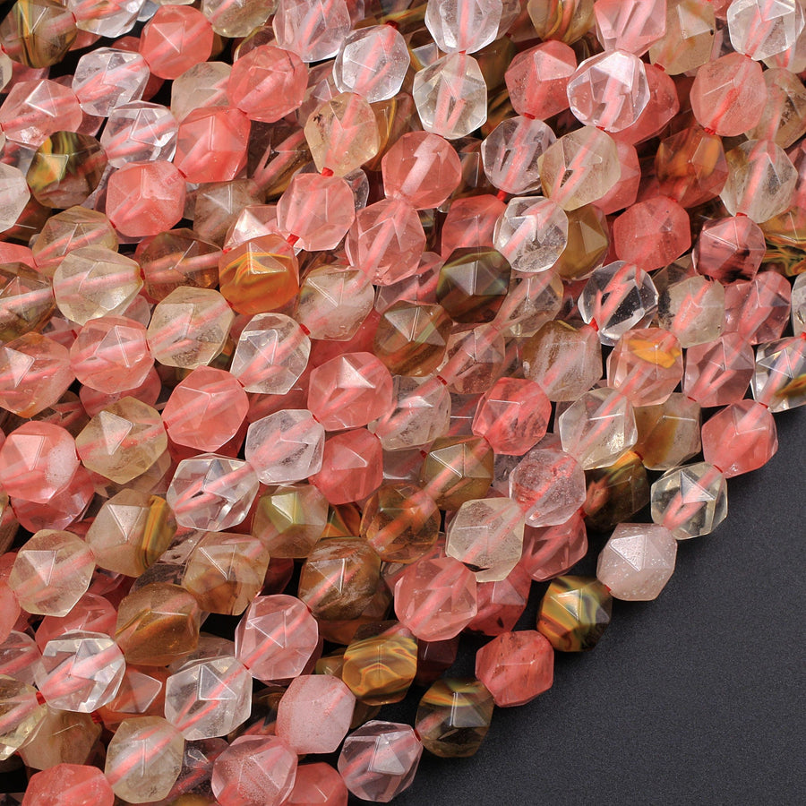 Star Cut Cherry Quartz Beads Faceted 6mm 8mm 10mm Rounded Nugget Sharp Facets 15" Strand