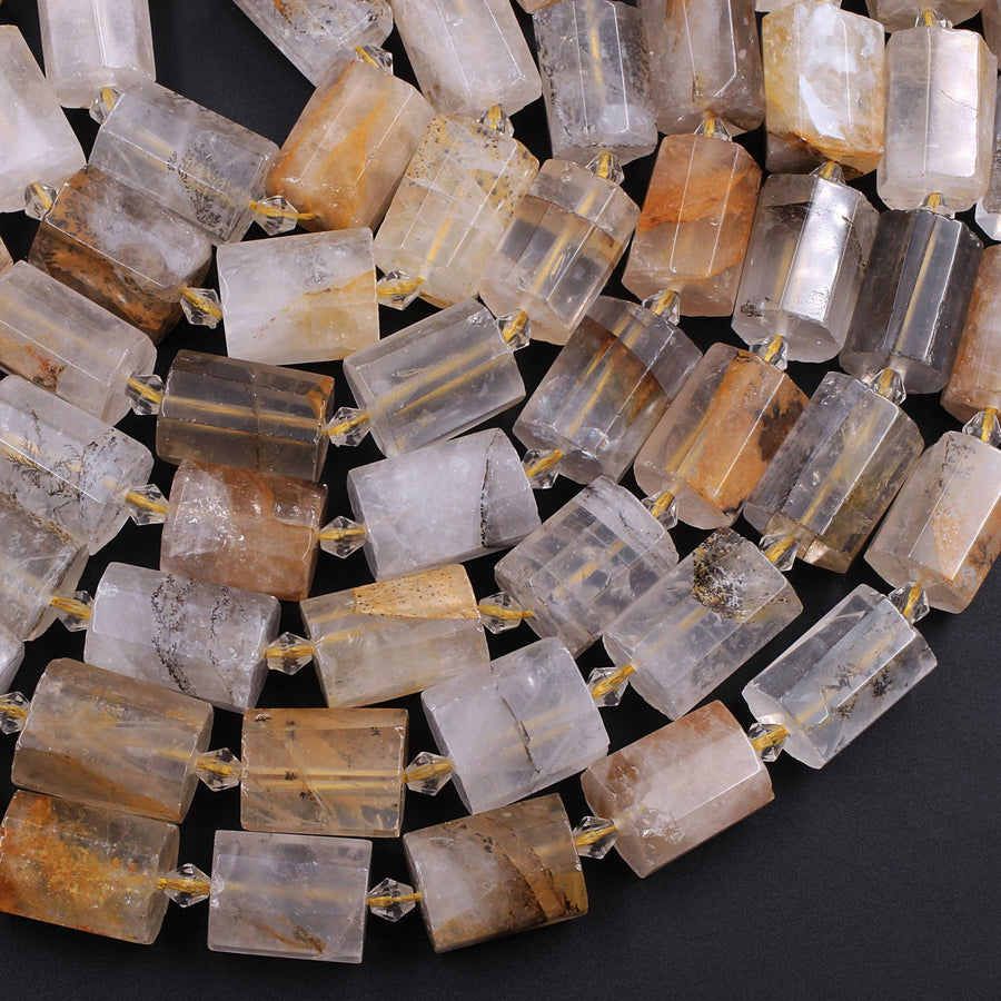 Faceted Dendritic Quartz Tube Beads Natural Golden Rock Crystal Thick Cylinder 16" Strand