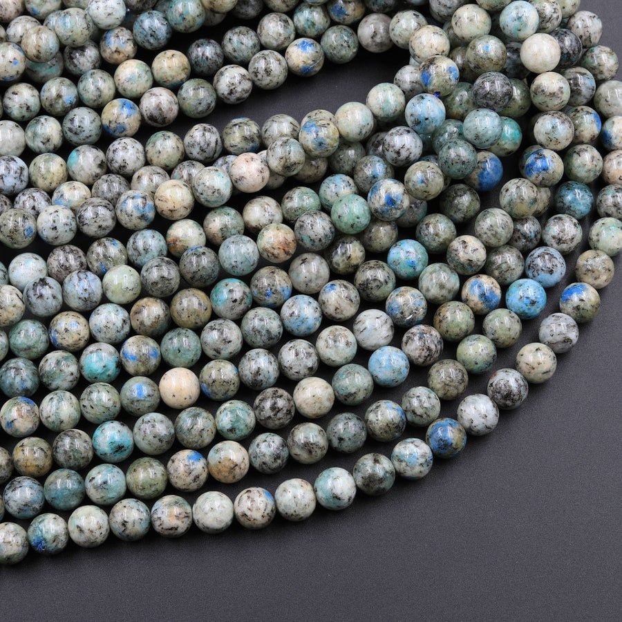 Genuine Natural Rare K2 Smooth Round Beads 6mm 8mm 10mm Blue Azurite in Quartz Granite from Pakistan Afghanistan 16" Strand
