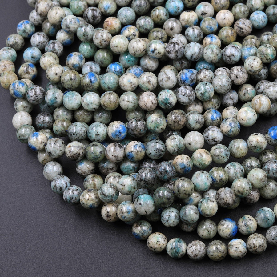 Genuine Natural Rare K2 Smooth Round Beads 6mm 8mm 10mm Blue Azurite in Quartz Granite from Pakistan Afghanistan 16" Strand
