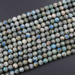 Genuine Natural Rare K2 Smooth Round Beads 6mm 8mm 10mm Blue Azurite in Quartz Granite from Pakistan Afghanistan 16" Strand