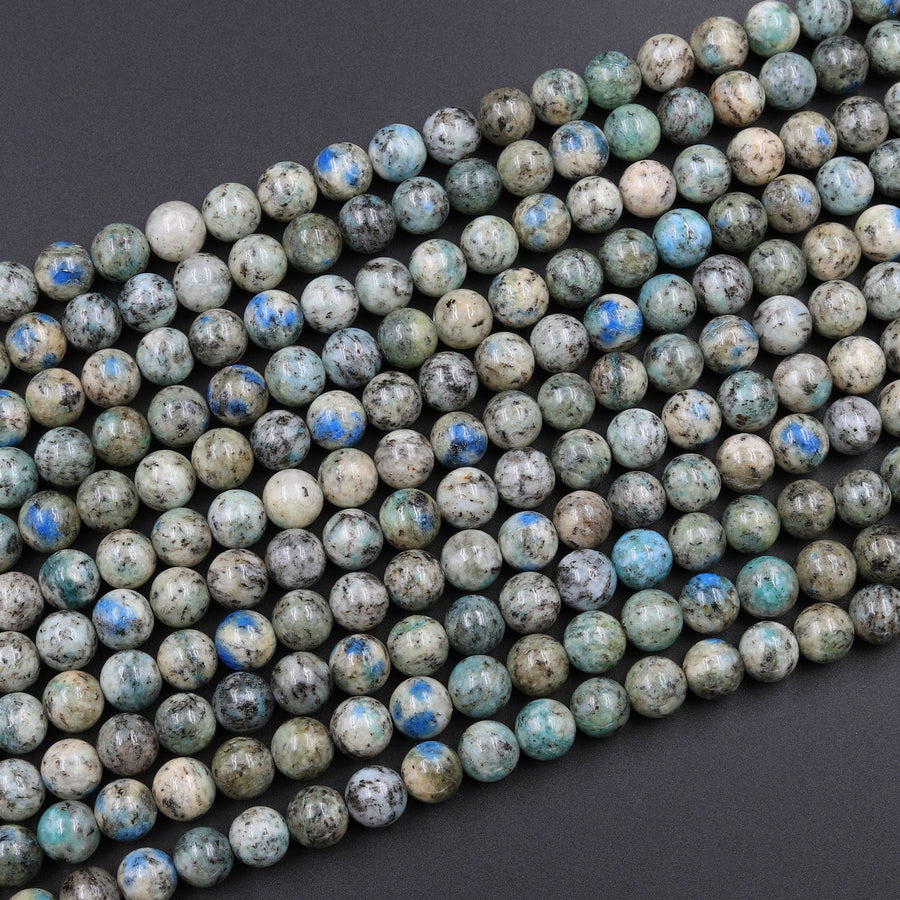 Genuine Natural Rare K2 Smooth Round Beads 6mm 8mm 10mm Blue Azurite in Quartz Granite from Pakistan Afghanistan 16" Strand