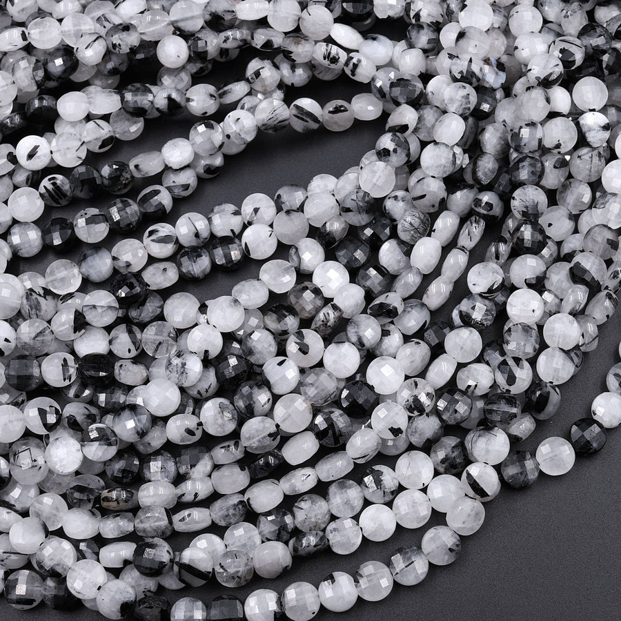 Faceted Black Tourmaline Rutilated Quartz Coin Beads 6mm 8mm 10mm 12mm 15.5" Strand