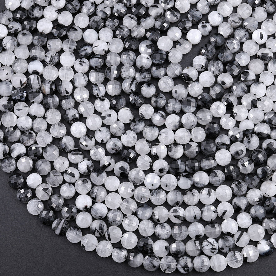 Faceted Black Tourmaline Rutilated Quartz Coin Beads 6mm 8mm 10mm 12mm 15.5" Strand