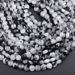 Faceted Black Tourmaline Rutilated Quartz Coin Beads 6mm 8mm 10mm 12mm 15.5" Strand