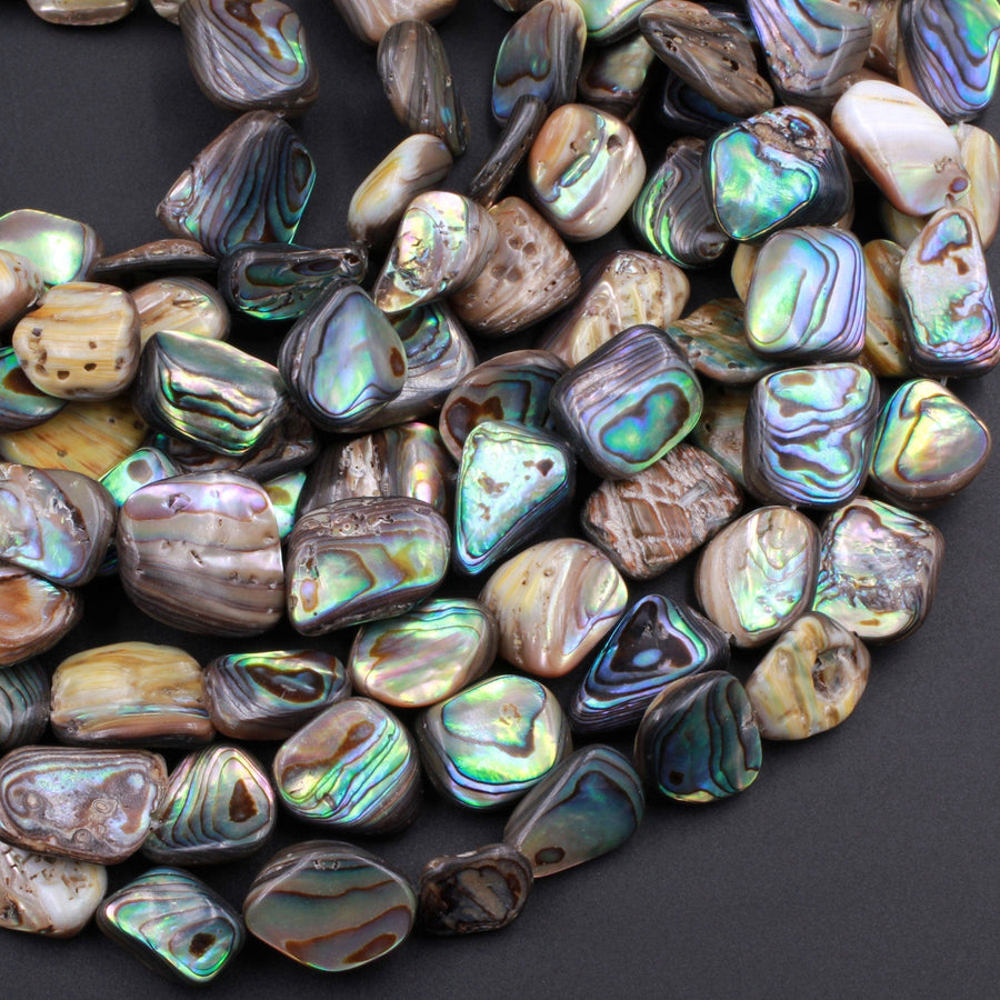 Freeform Natural Abalone Nugget Irregular Square Beads Iridescent Rainbow Glow Blue Green Red Pink Flash 15.5" Strand