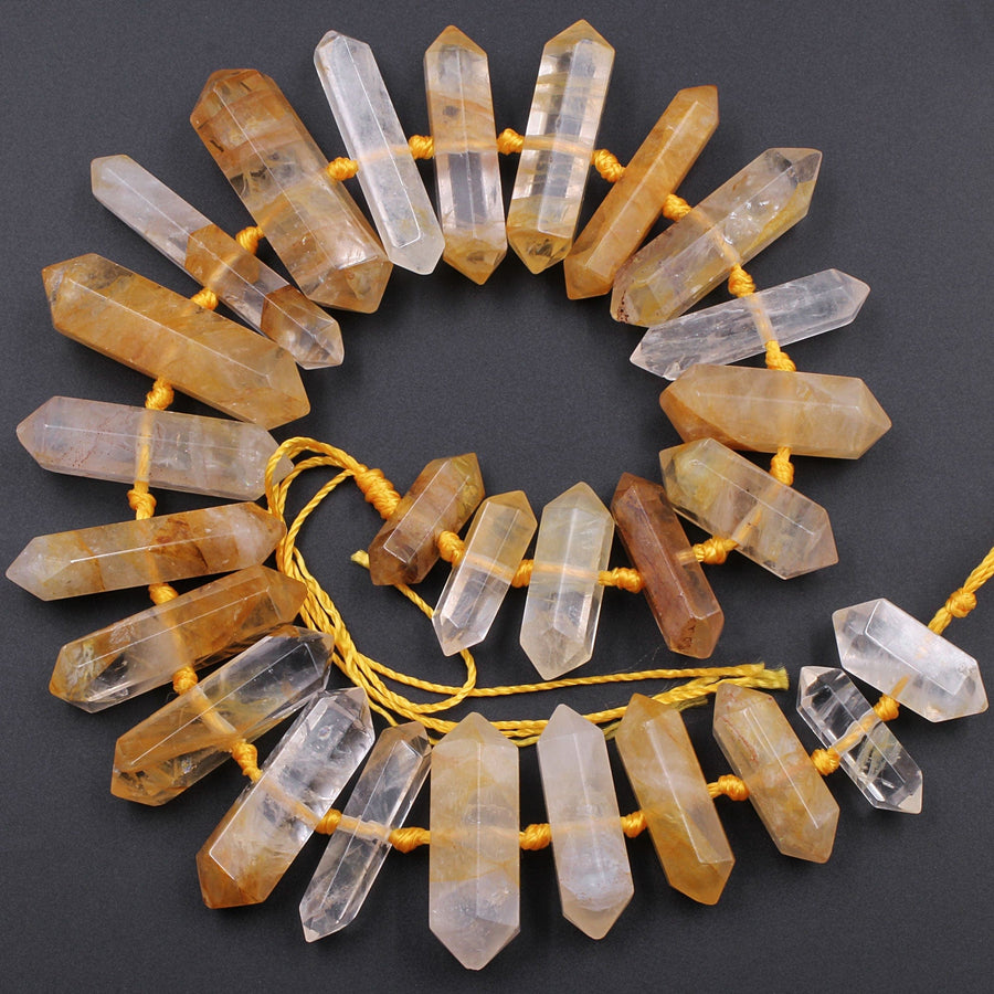 Brazilian Golden Quartz Double Terminated Point Beads Large Healing Natural Golden Crystal Focal Pendant Bead 16" Strand