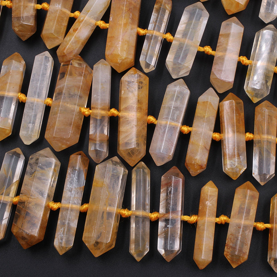 Brazilian Golden Quartz Double Terminated Point Beads Large Healing Natural Golden Crystal Focal Pendant Bead 16" Strand
