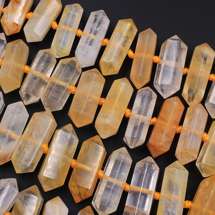 Brazilian Golden Quartz Double Terminated Point Beads Large Healing Natural Golden Crystal Focal Pendant Bead 15.5" Strand