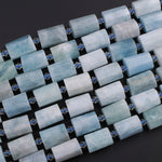 Faceted Natural Aquamarine Cylinder Tube Beads High Quality Blue Aquamarine Gemstone Full 16" Strand