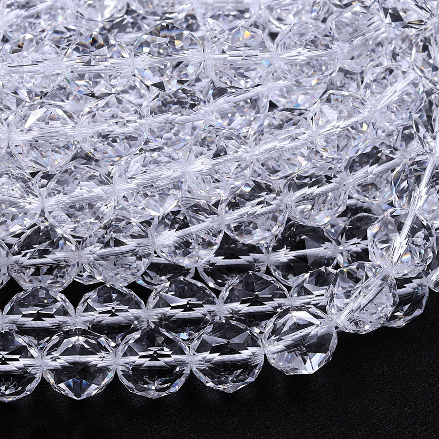 Genuine 100% Natural Rock Quartz Faceted 6mm 8mm 10mm 12mm 14mm 16mm Round Beads AAA Gem Quality Geometric Diamond Star Cut 15.5" Strand