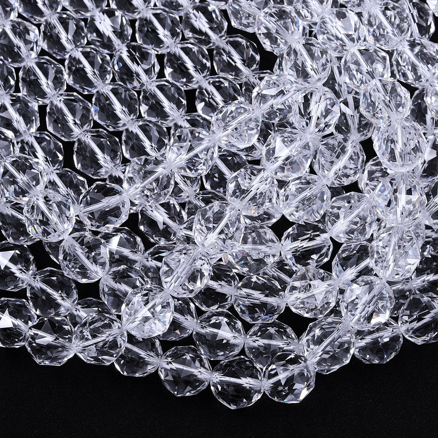 Genuine 100% Natural Rock Quartz Faceted 6mm 8mm 10mm 12mm 14mm 16mm Round Beads AAA Gem Quality Geometric Diamond Star Cut 15.5" Strand