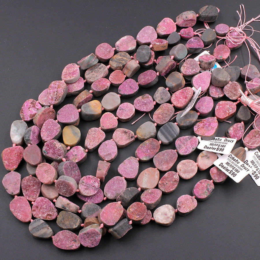 Natural Pink Cobalto Calcite Druzy Beads Hand Cut Freeform Oval Teardrop Shape 16" Strand