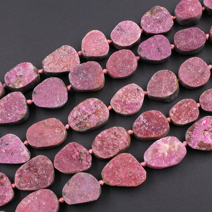 Natural Pink Cobalto Calcite Druzy Beads Hand Cut Freeform Oval Teardrop Shape 16" Strand
