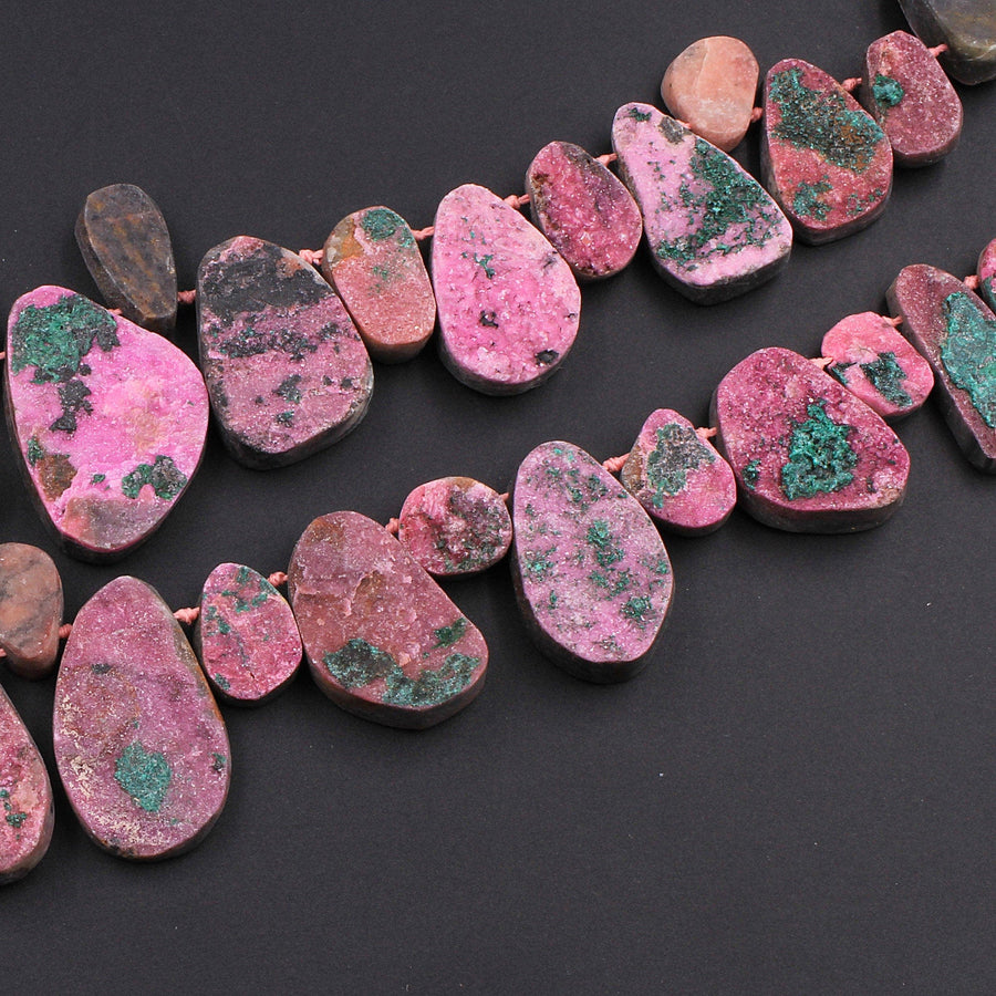 Natural Pink Cobalto Calcite Druzy Beads Green Malachite Crystal Side Drilled Teardrop Pendant 16" Strand